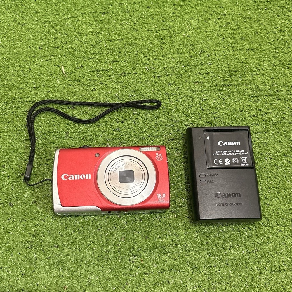 Canon PowerShot A2500 HD 16MP Digital Camera Red Tested Works + Charger  & Bttry